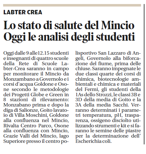 27 04 2016 gazzmn Lo stato di salute del Mincio Oggi le analisi degli studenti