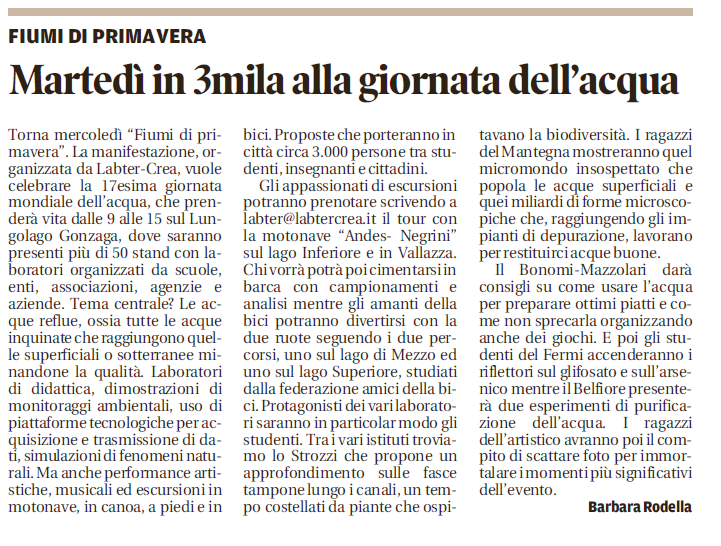 Gazzetta di mantova del 18 3 2017 Mercoledì in 3mila alla giornata dellacqua