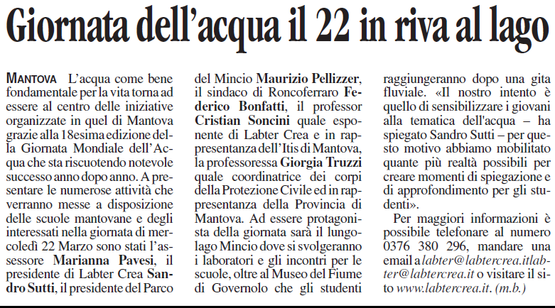 Voce di mantova del 18 3 2017 Giornata dellacqua il 22 in riva al lago